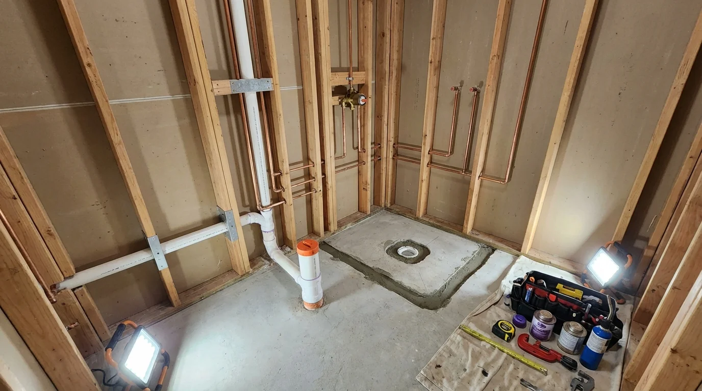 Bathroom rough-in plumbing during remodel by Johns Plumbing LLC in Pasadena