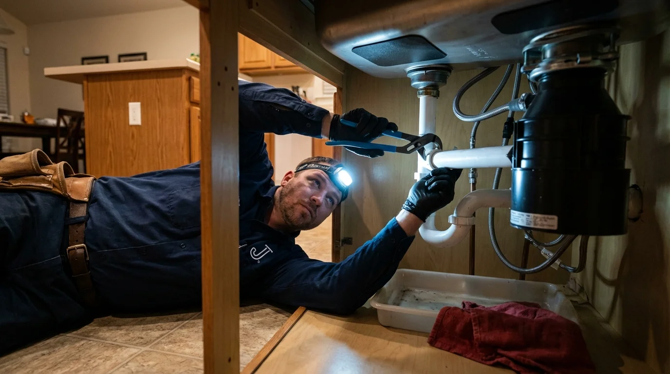 P-trap and supply line connections under a kitchen sink showing a common leak point in Pasadena, CA